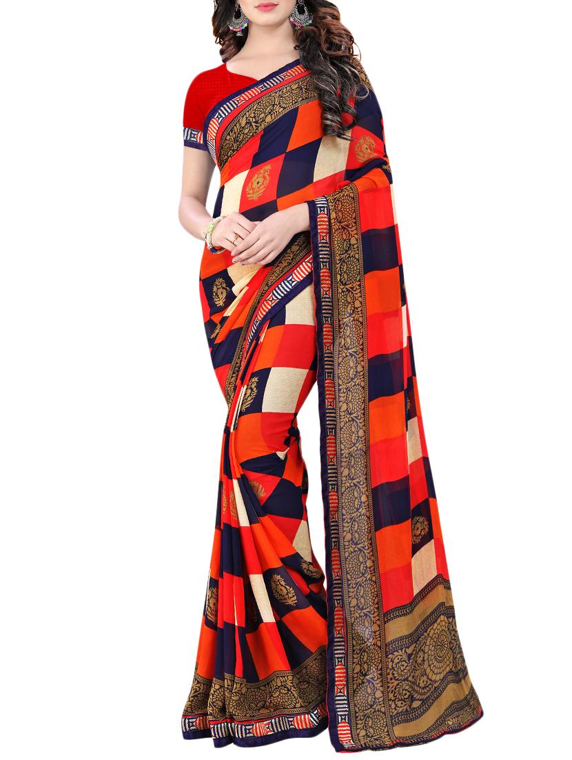checkered printed saree with blouse - 15657535 -  Zoom Image - 0