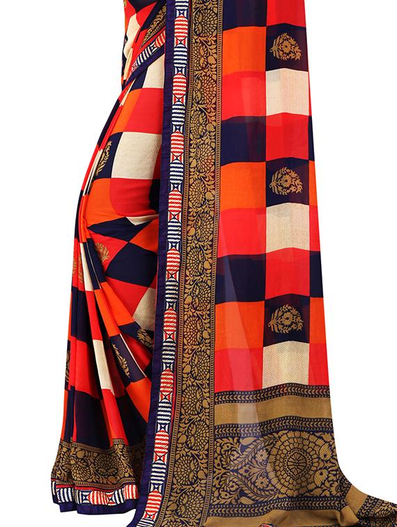 checkered printed saree with blouse - 15657535 - Standard Image - 3
