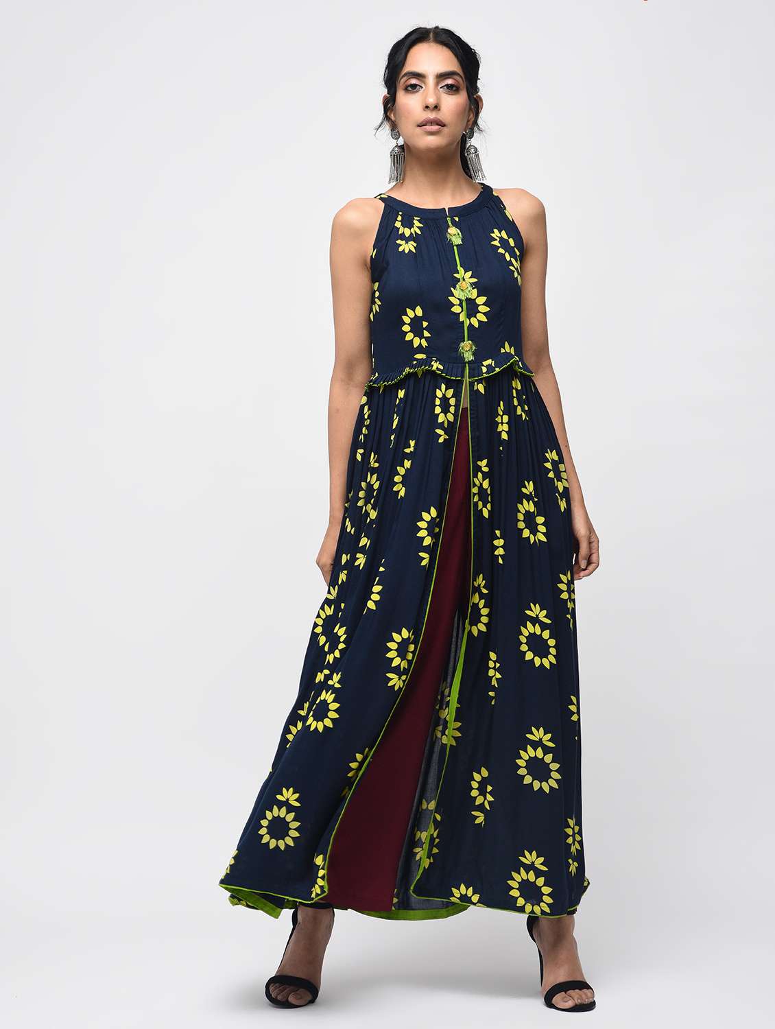 high slit printed kurta with tassels