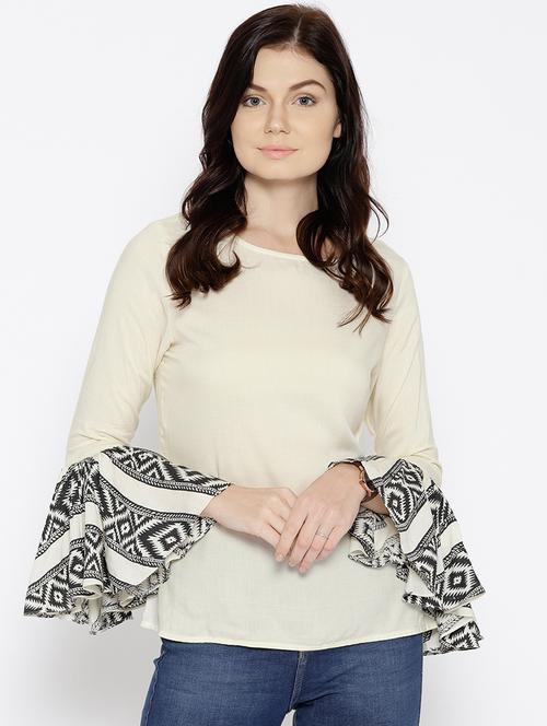 ikat printed bell sleeve boat neck top - 15669759 - Standard Image - 0