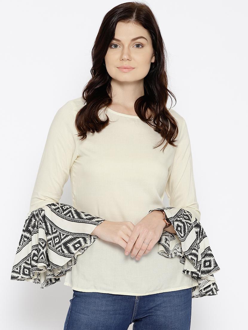 ikat printed bell sleeve boat neck top - 15669759 - Zoom Image - 0