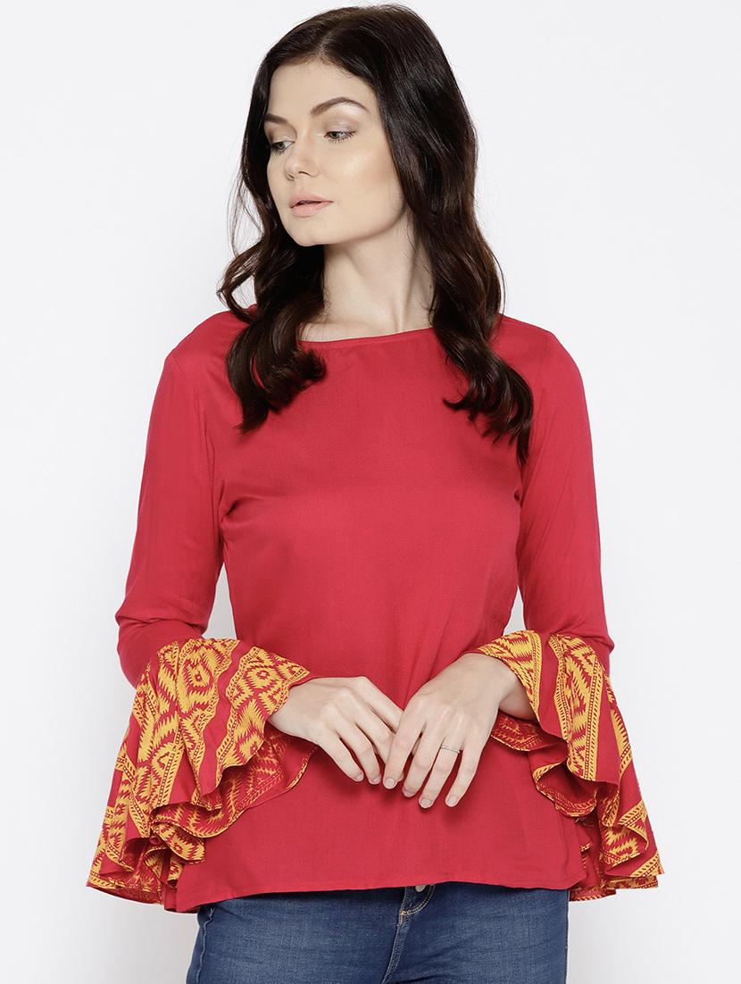 ikat printed bell sleeve boat neck top - 15669760 -  Zoom Image - 0
