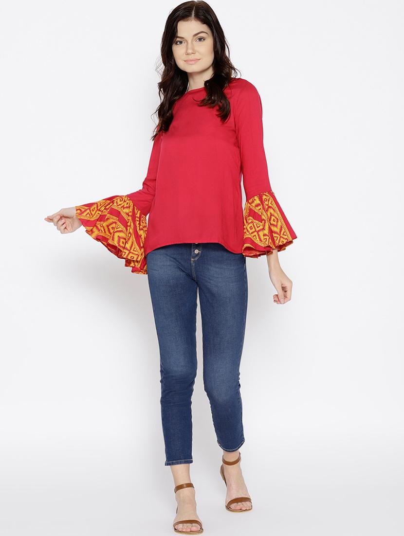 ikat printed bell sleeve boat neck top - 15669760 - Standard Image - 3