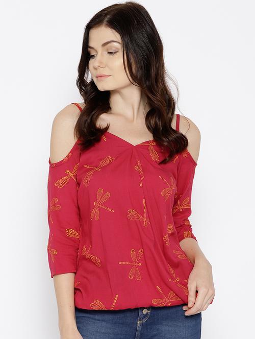 cold shoulder overlap printed top - 15669770 -  Standard Image - 0