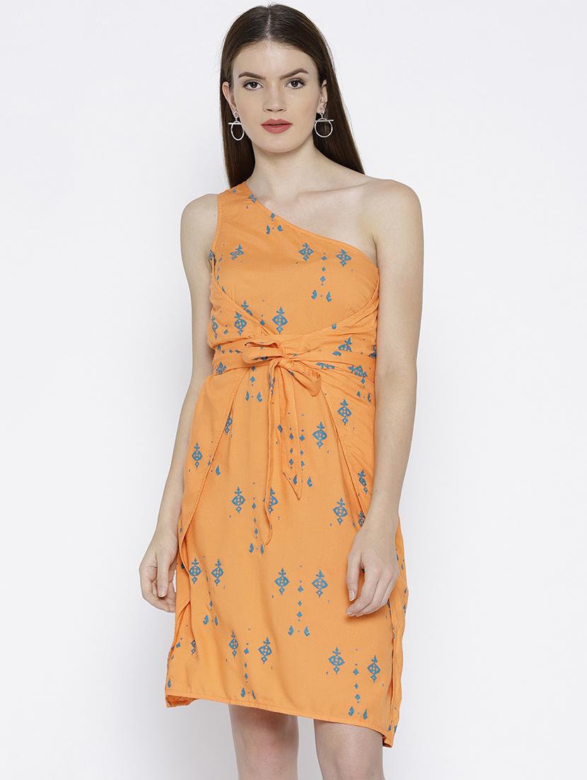 one shoulder overlap cross tie printed dress - 15670216 - Zoom Image - 0