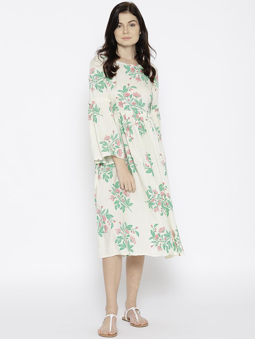 frill trim block print bell sleeved dress - 15670223 - Zoom Image - 0