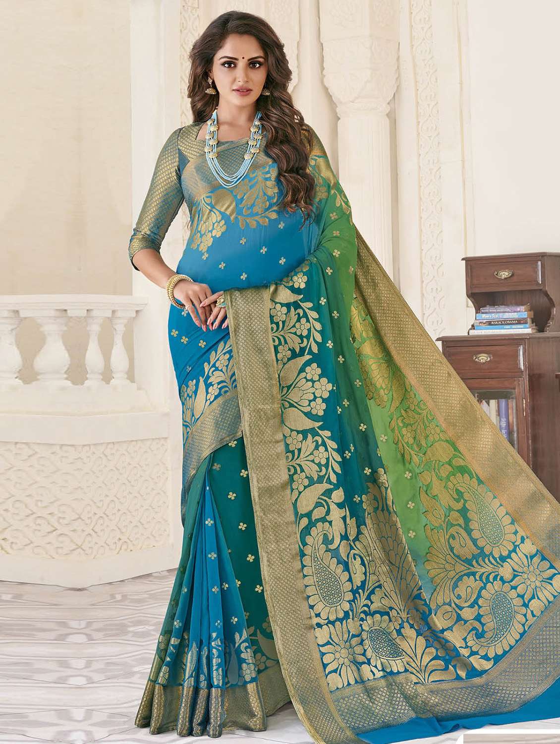 floral zari motif woven saree with blouse
