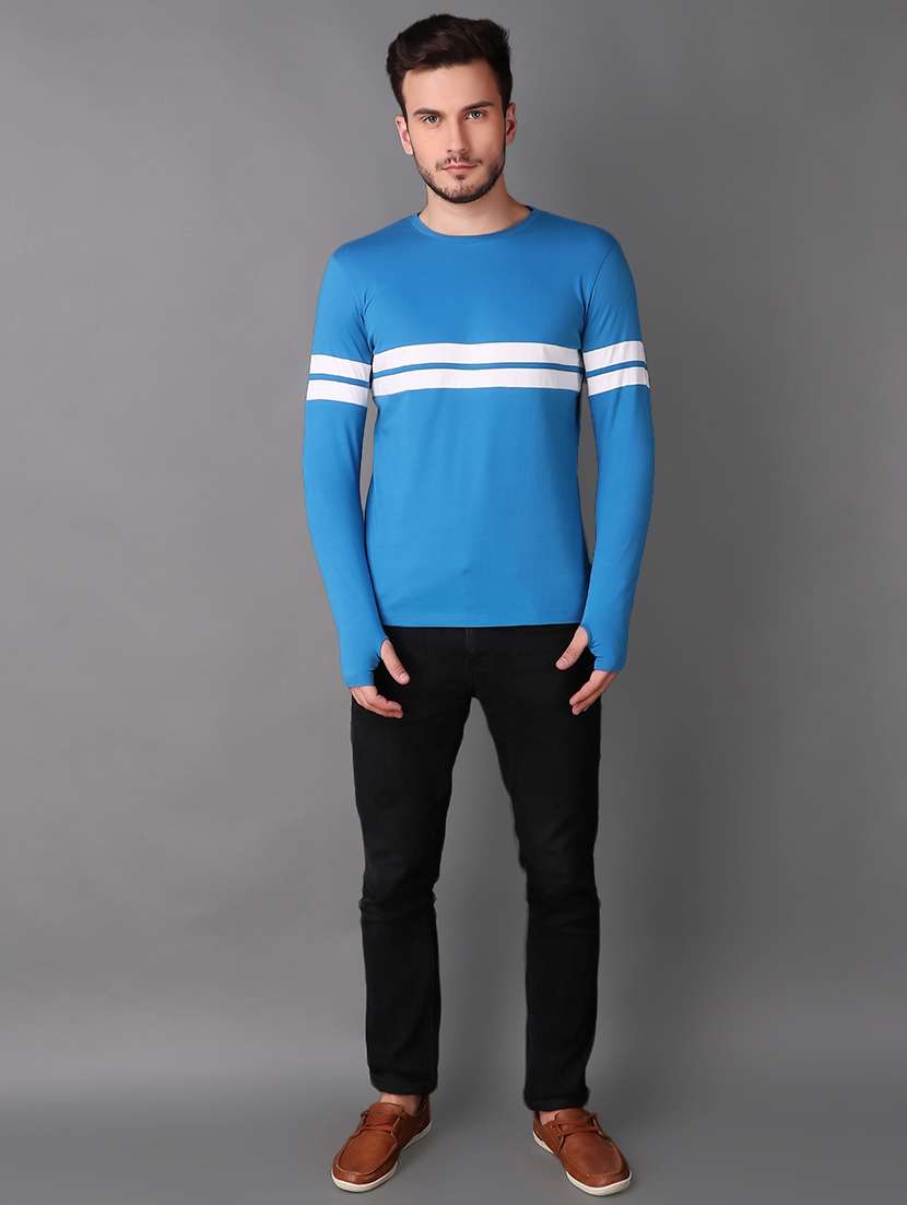 blue striped thumb hole t-shirt - 15676144 - Standard Image - 3