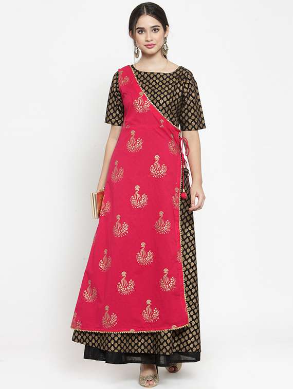layered foil print kurta with tassels