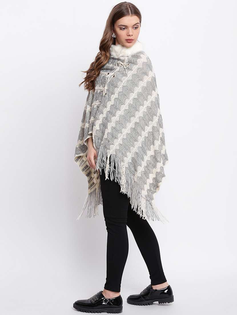 eyelet lace-up fur detail poncho