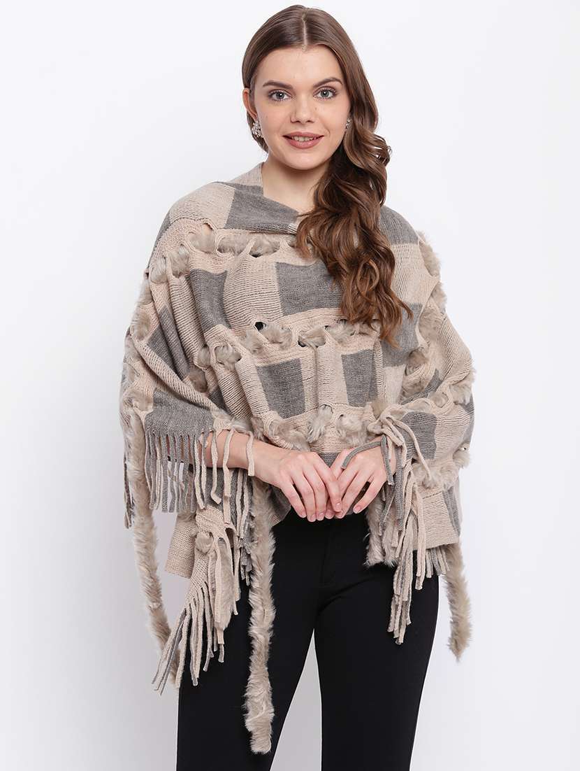 fur detail fringed poncho