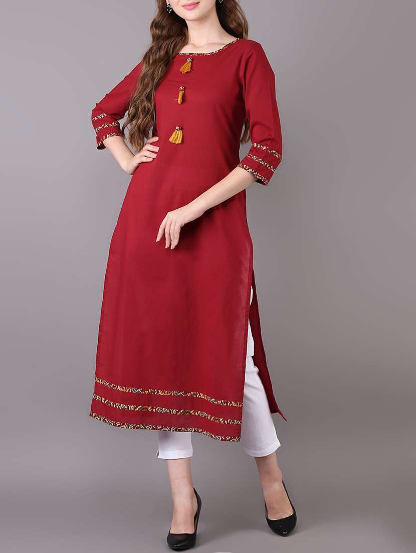 candy red straight kurta with tassels