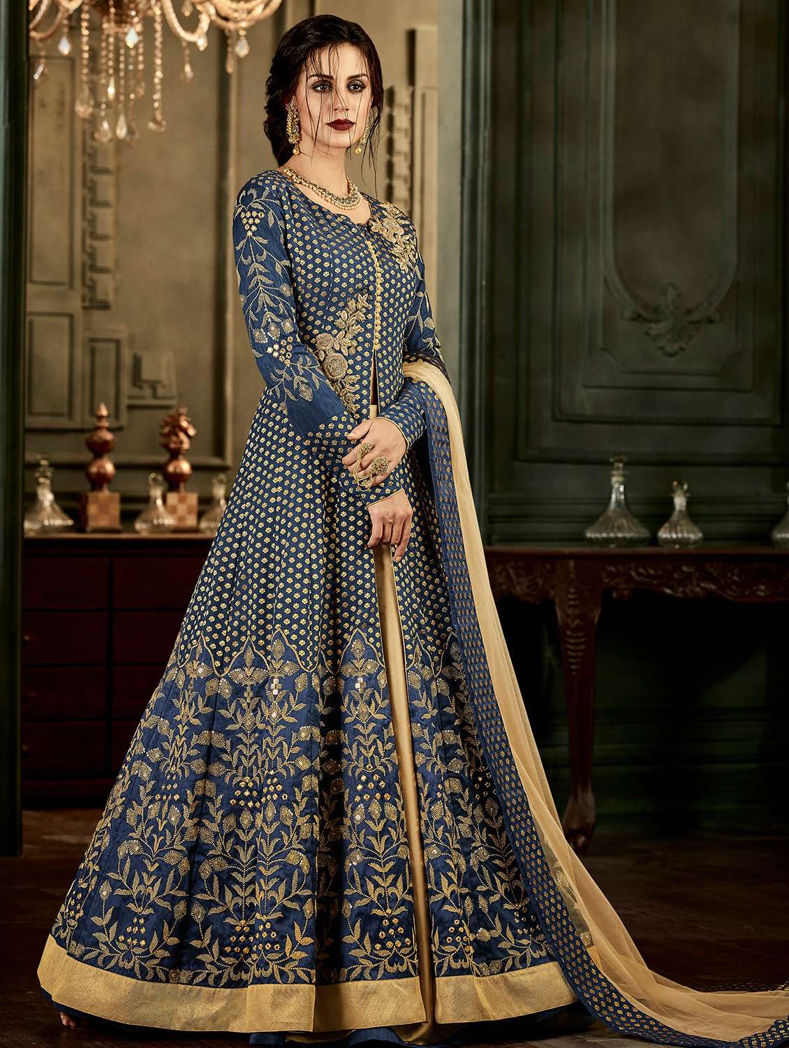 Buy online Gold Embroidered Silk Front Open Skirt Suit from Suits