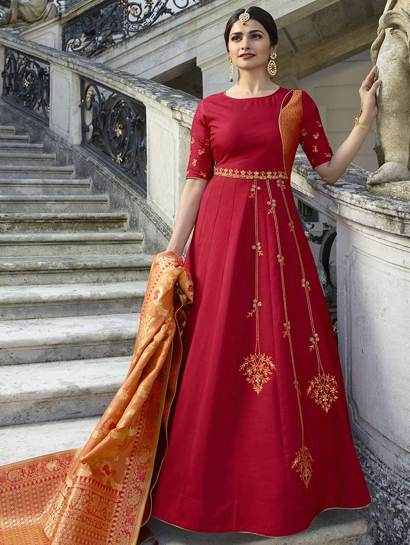 Buy online Embroidered Silk Semi-stitched Anarkali Suit from Suits