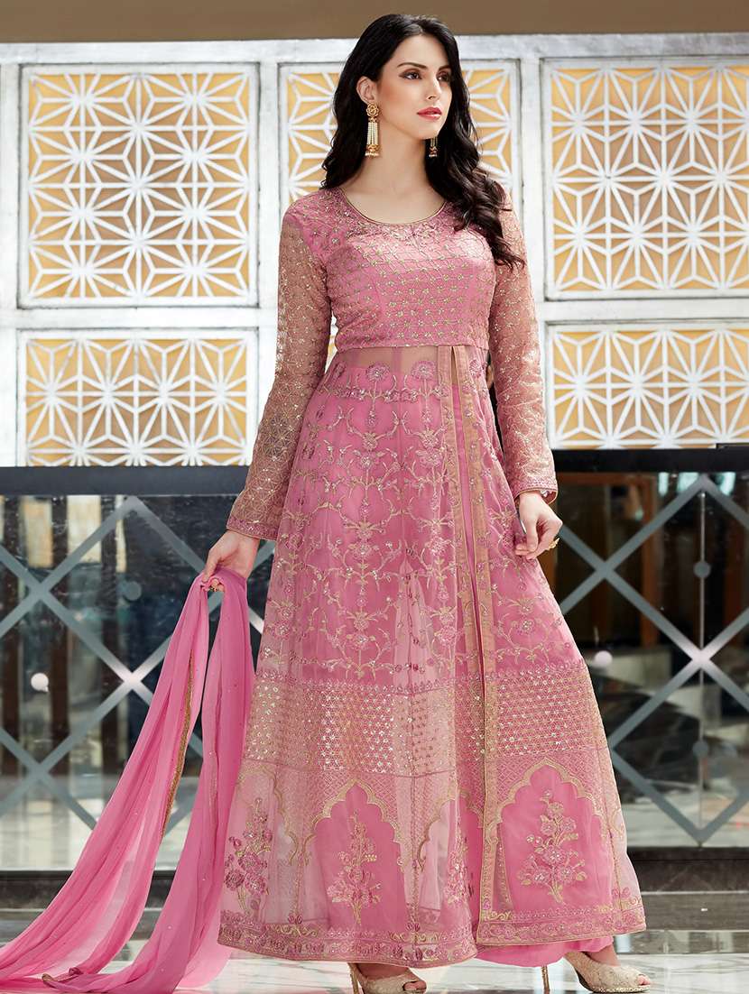pink net semistitched suit