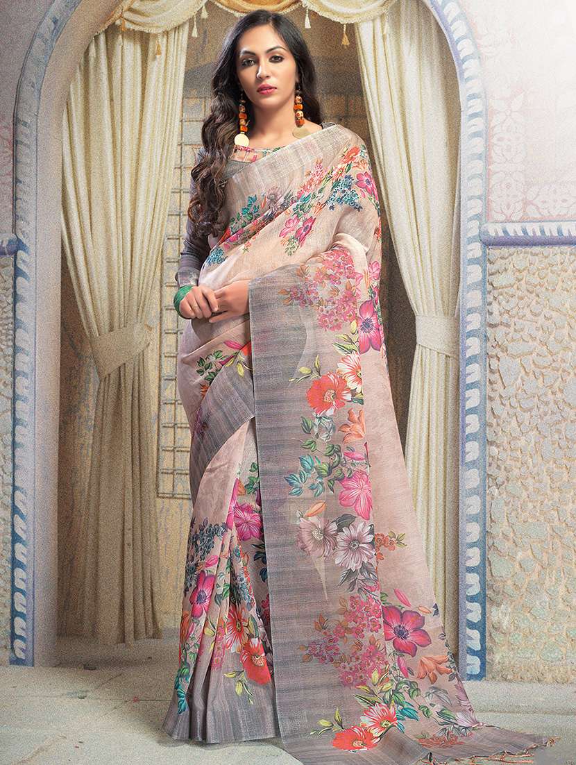 floral digital printed linen saree with blouse