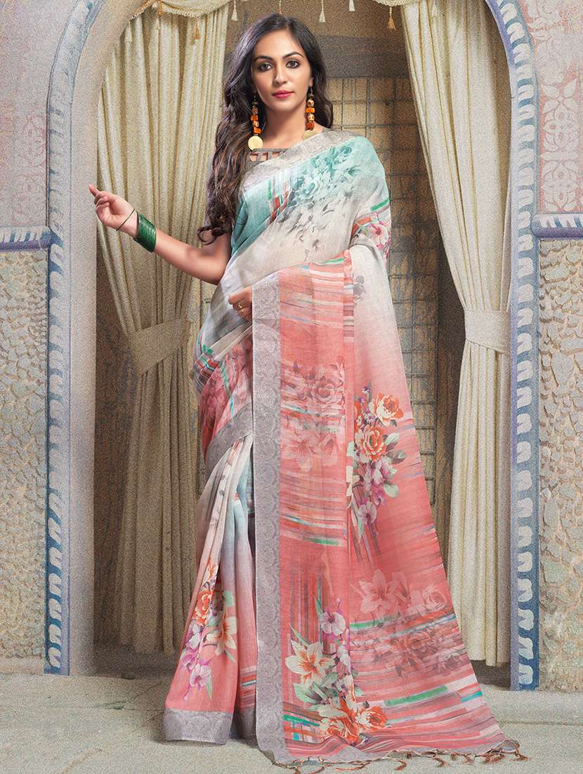 floral digital printed linen saree with blouse