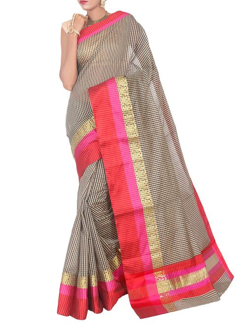 checkered zari border banarasi saree with blouse - 15695634 -  Standard Image - 0