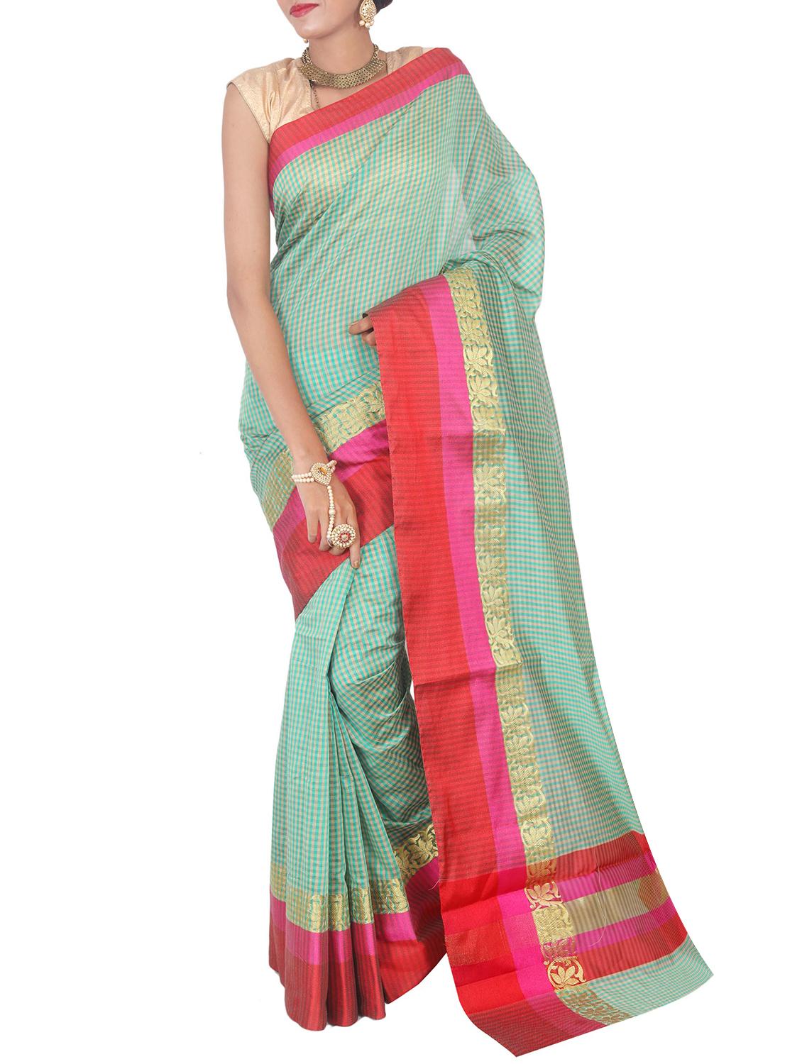 checkered zari border banarasi saree with blouse - 15695636 -  Zoom Image - 0