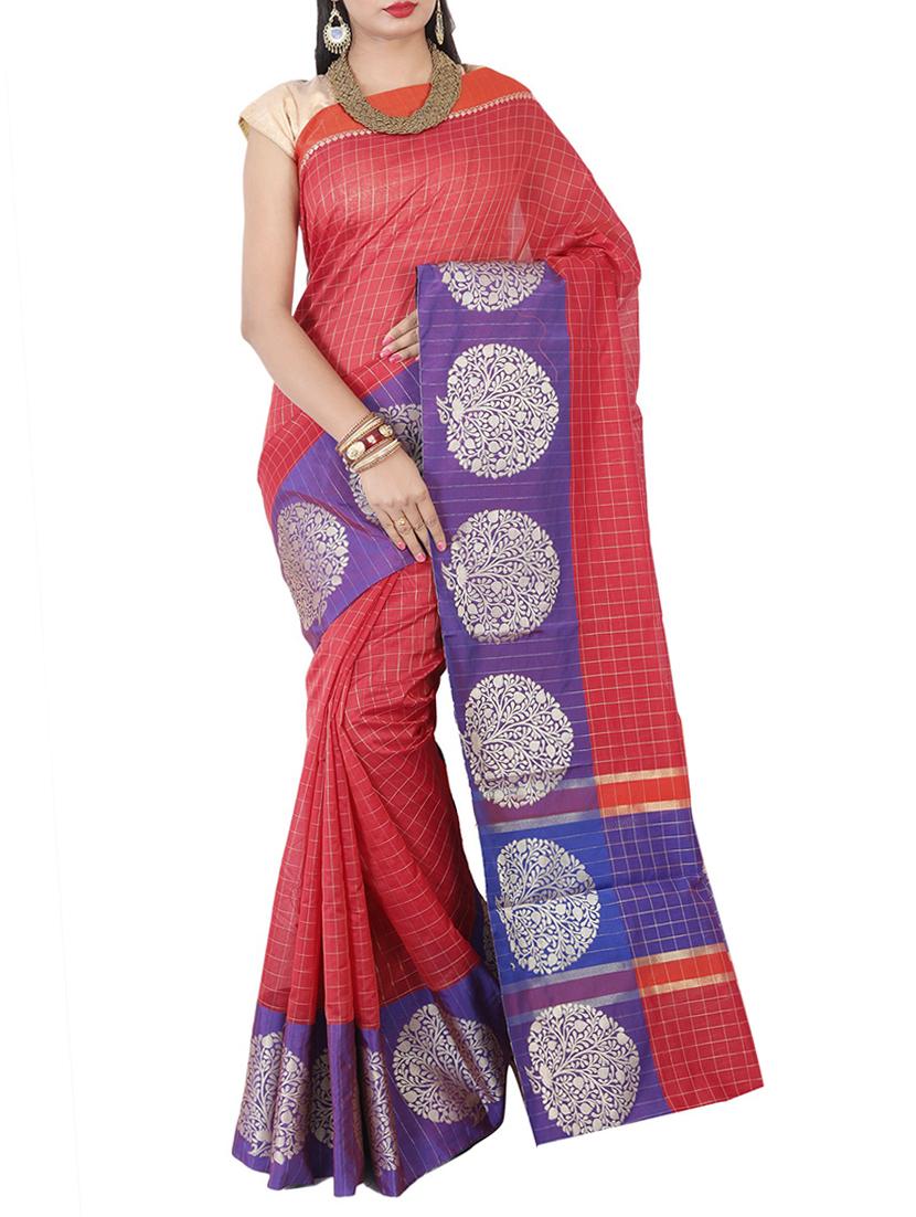 contrast border checkered banarasi saree with blouse - 15695651 - Zoom Image - 0