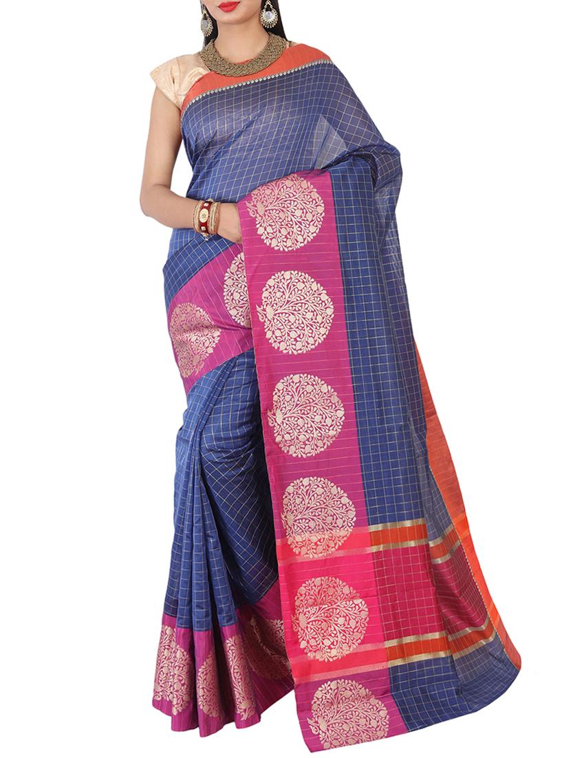 contrast border checkered banarasi saree with blouse - 15695653 -  Zoom Image - 0