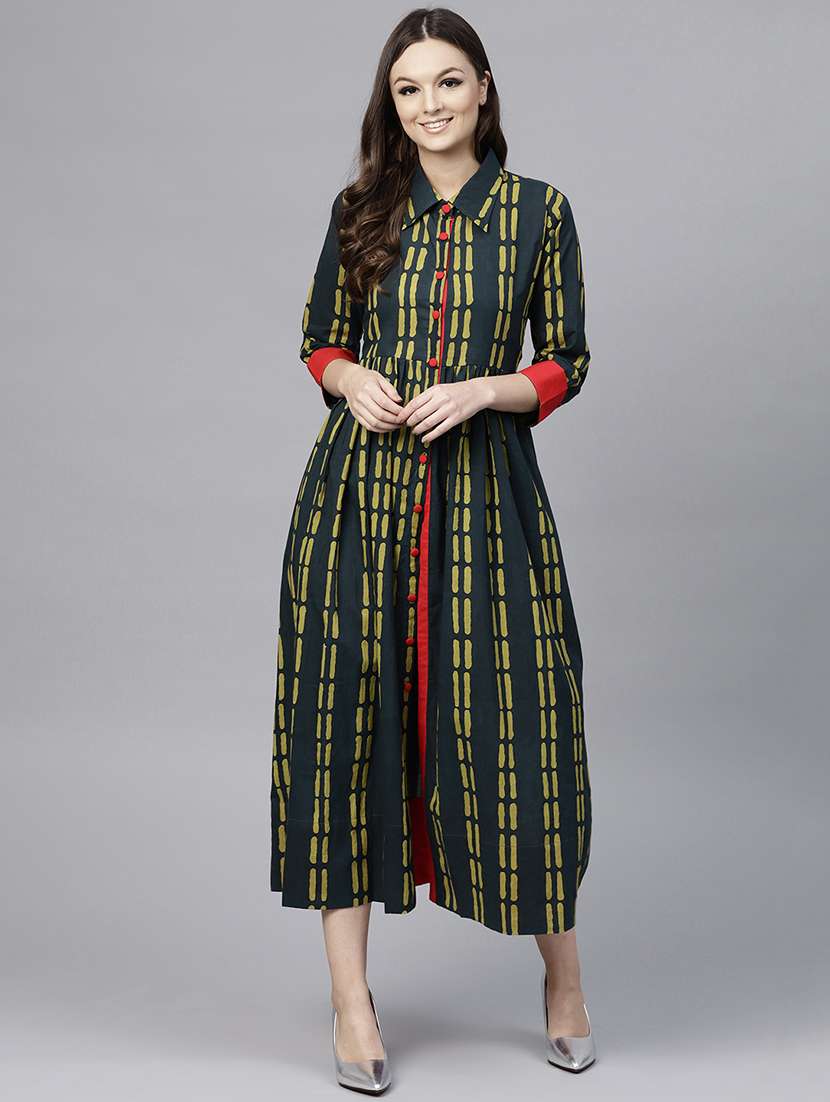 bottle green flared printed dress