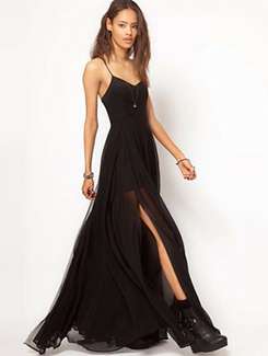 cami neck flared high slit dress