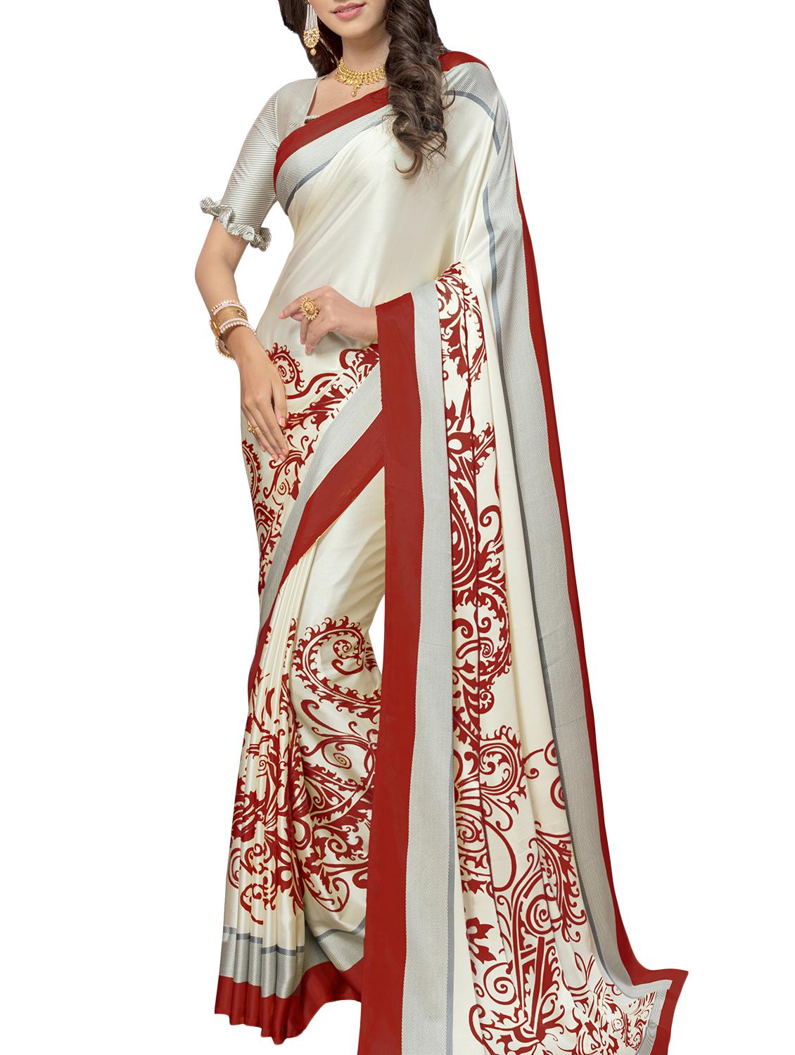 contrast placement printed white saree with blouse - 15698721 -  Zoom Image - 0
