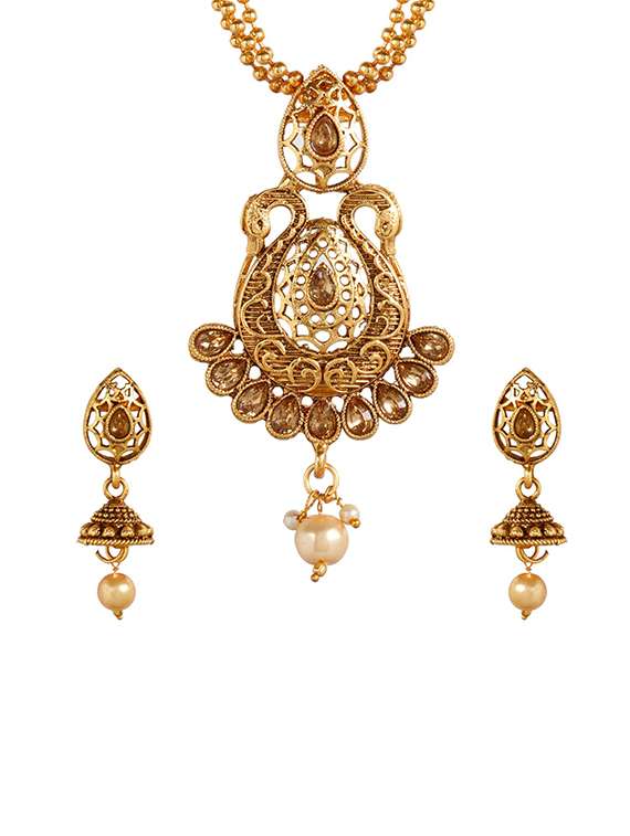 gold metal necklaces and earring