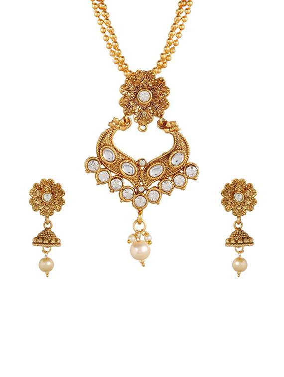 gold metal necklaces and earring