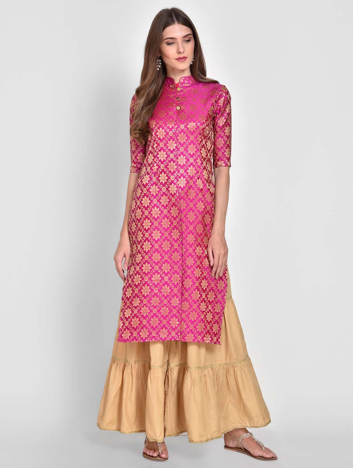pink silk straight brocade kurta