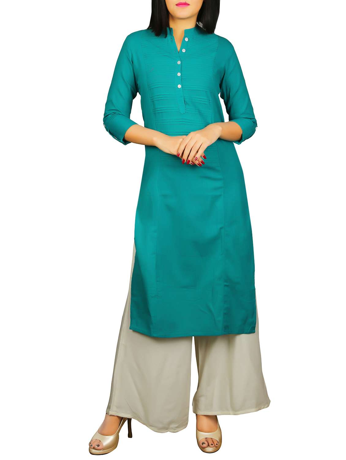 teal pintucks solid kurta - 15722492 - Zoom Image - 0
