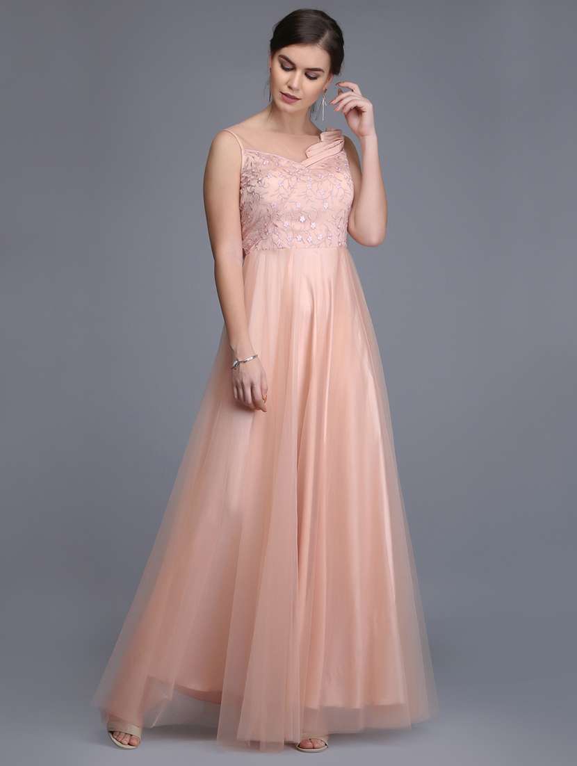 pastel pink embroidered net flared gown