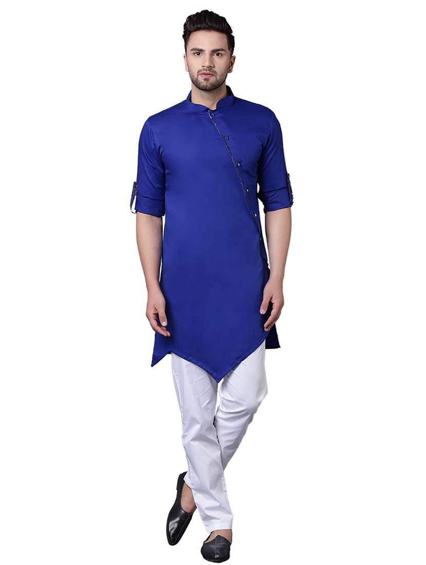 blue cotton asymmetric kurta pyjama set
