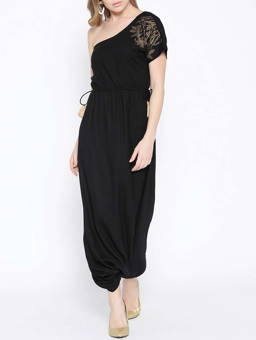 single shoulder draped jumpsuit