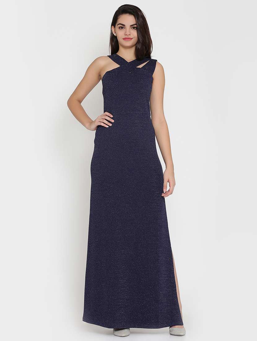 cross over neck  high slit dress