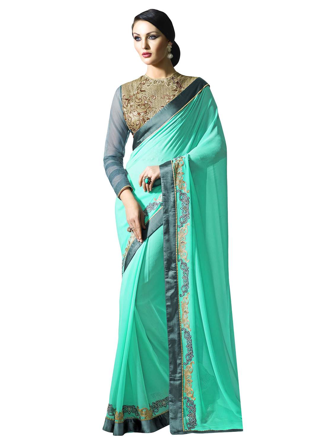 turquoise georgette embroidered saree with blouse