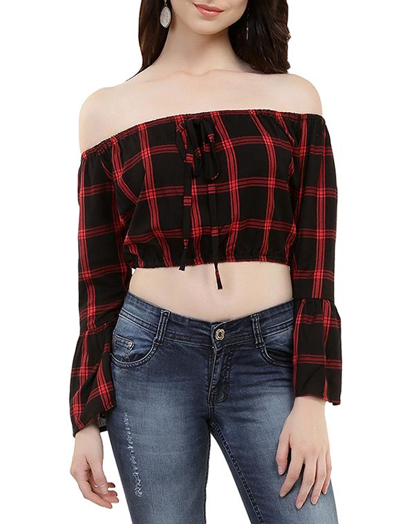 off shoulder checkered crop top