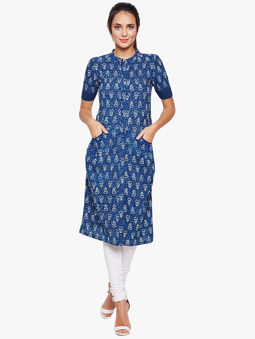 indigo straight kurta with front pockets