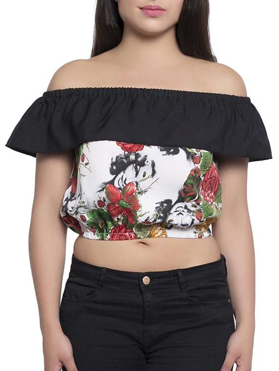 contrast ruffle off shoulder floral crop top