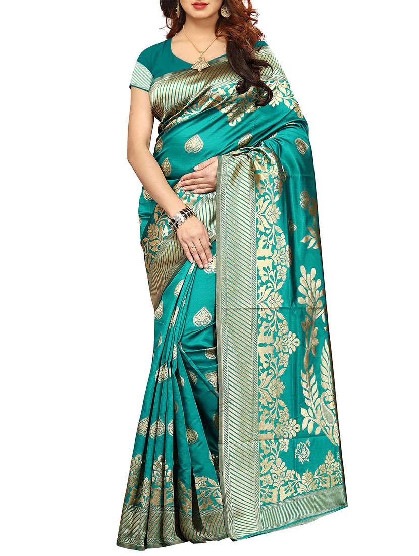 zari motif turquoise banarasi saree with blouse