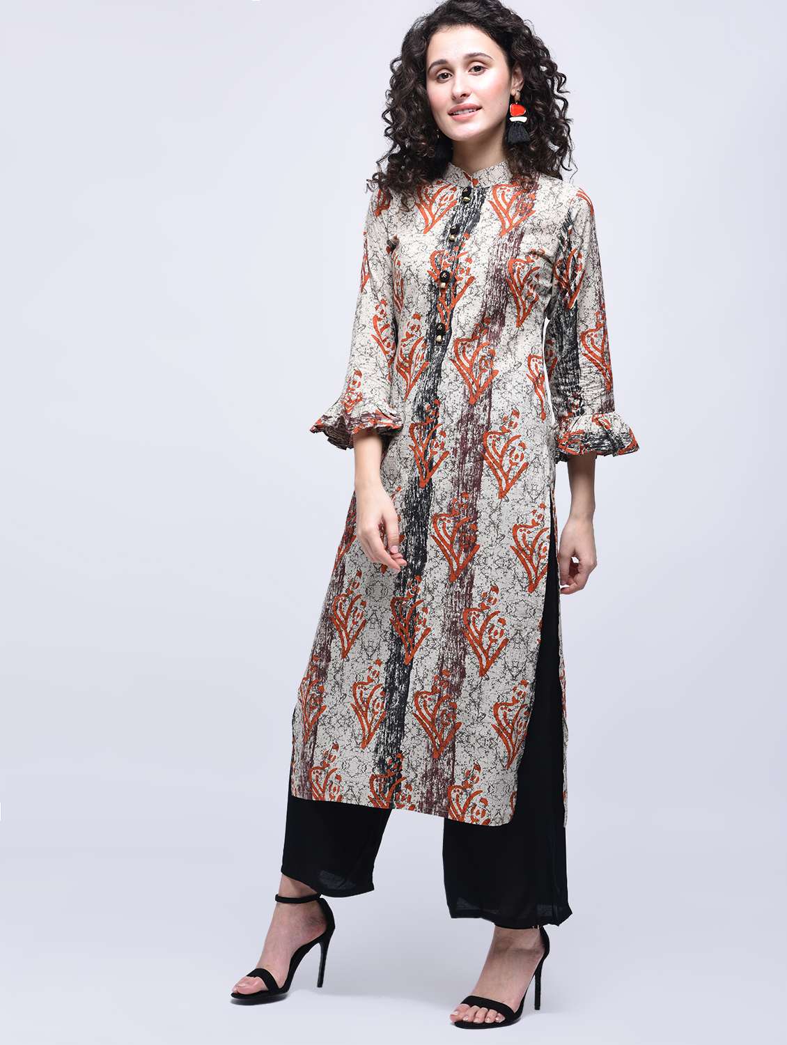 printed bell sleeves straight kurta