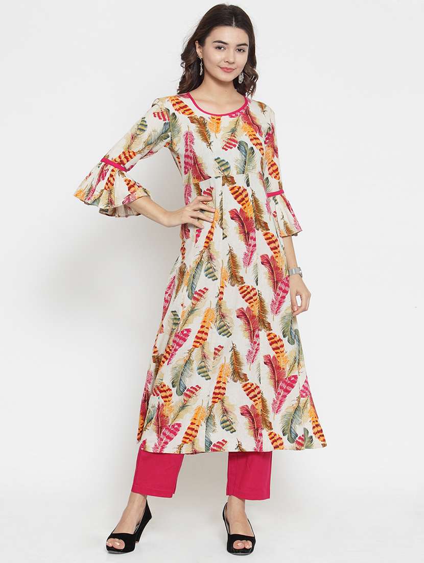 printed straight bell sleeves kurta with tassels