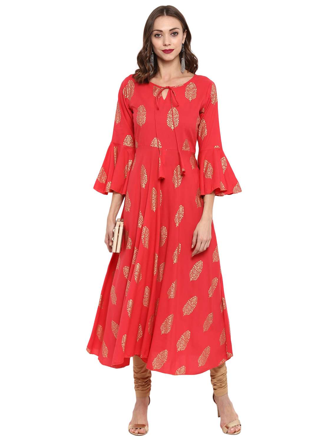 foil print bell sleeves flared kurta