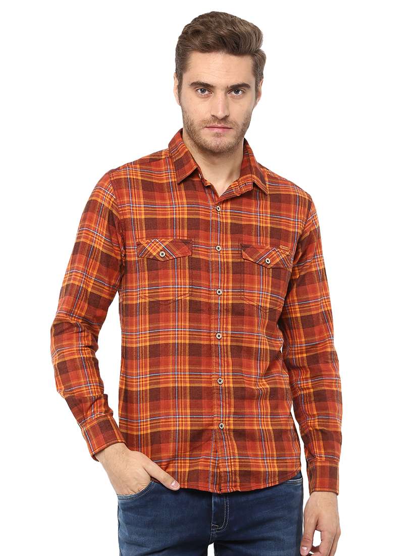 orange checkered casual shirt - 15772562 -  Zoom Image - 0