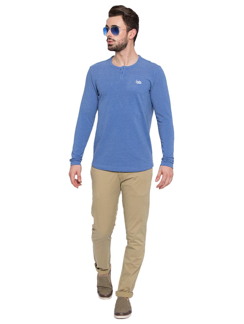 solid blue henley neck t-shirt - 15772884 - Standard Image - 3