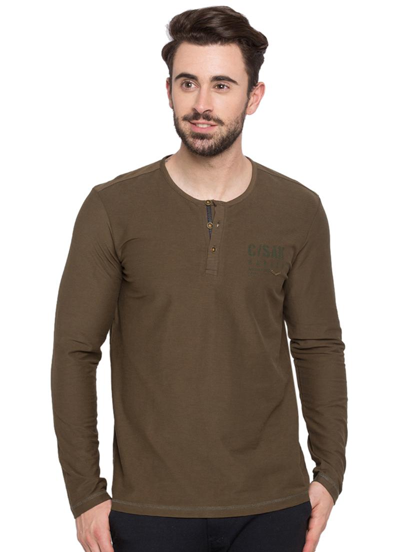 solid olive green henley neck t-shirt - 15772899 - Zoom Image - 0