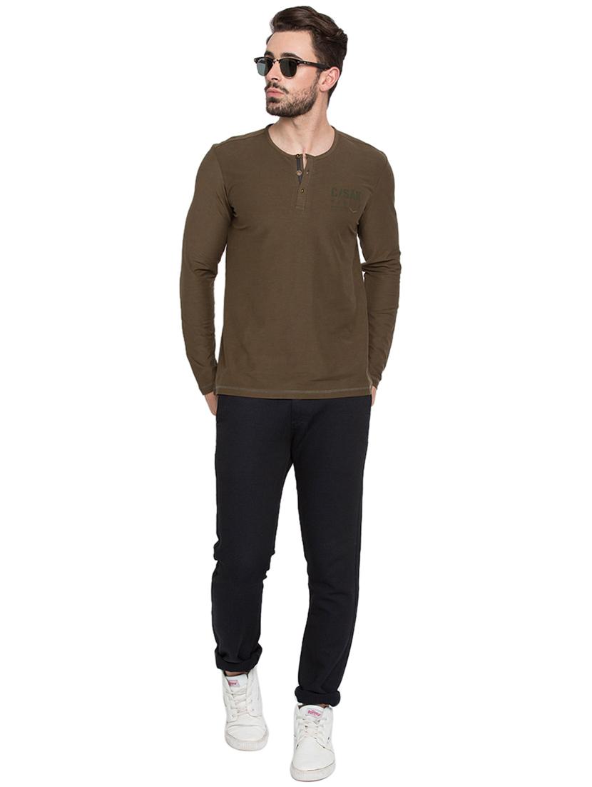 solid olive green henley neck t-shirt - 15772899 - Standard Image - 3