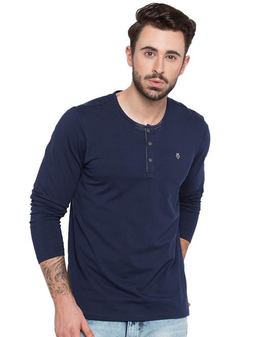 solid blue henley neck t-shirt - 15772920 - Standard Image - 0