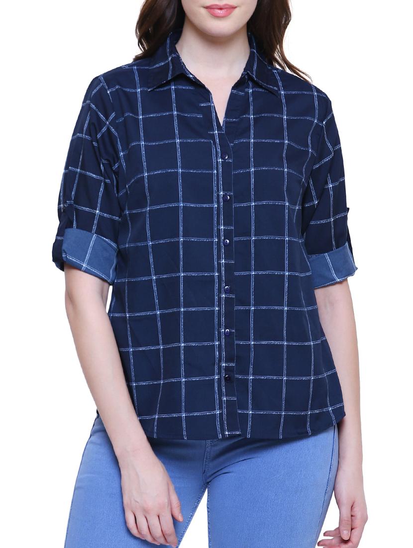 navy checked roll tab sleeved shirt - 15778798 - Zoom Image - 0